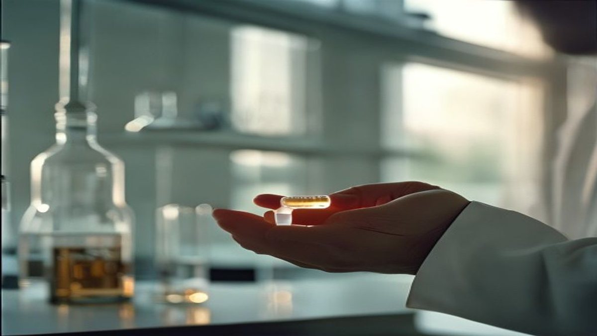 Scientist holding a single alpha-ketoglutarate supplement capsule up to laboratory light, illustrating AKG longevity and biological age research
