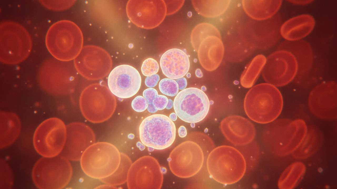 Macro photograph of human red and white blood cells in plasma, illustrating clonal hematopoiesis and epigenetic age acceleration