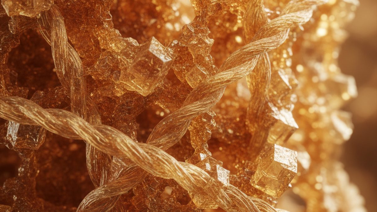 Extreme macro of amber collagen fibers interlaced with crystalline sugar structures, illustrating advanced glycation end products and aging