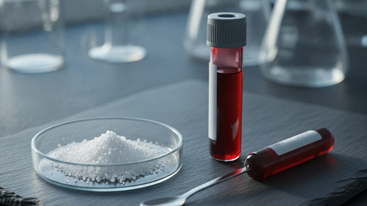 Amino acid powder in a glass dish beside blood sample vials on a laboratory bench, illustrating GlyNAC and glutathione research in aging