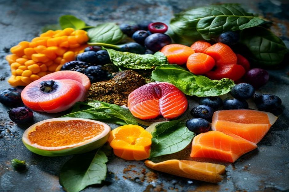 Colorful anti-inflammatory foods: berries, leafy greens, turmeric and salmon