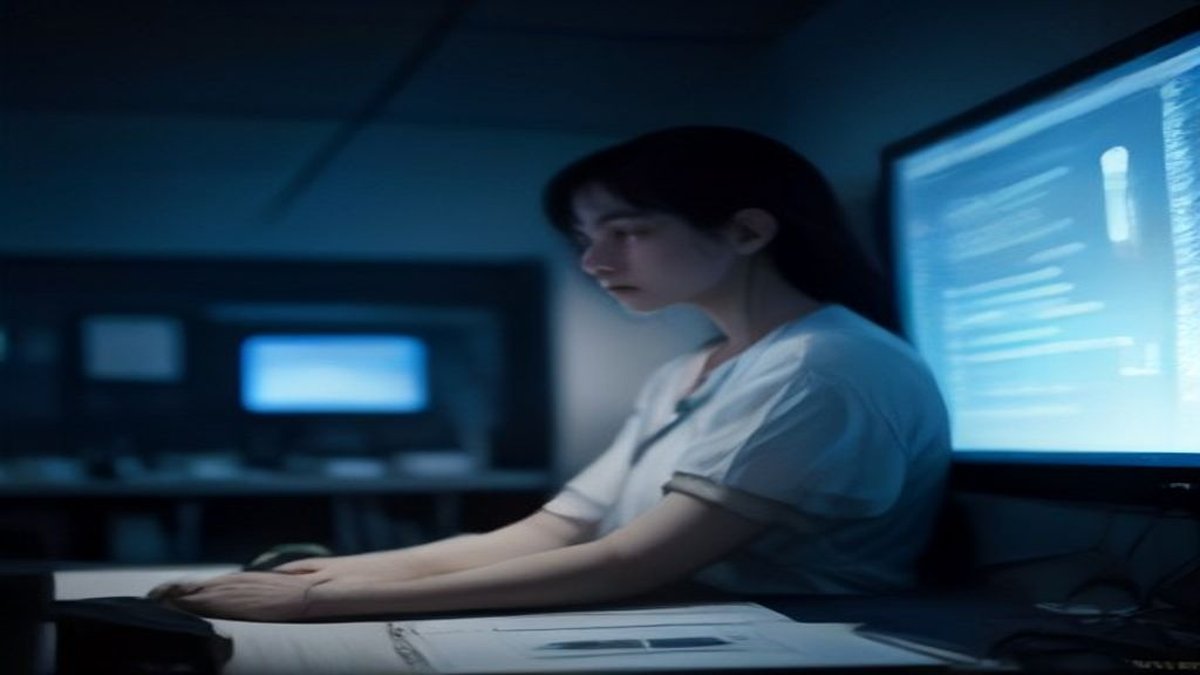 Researcher at night reviewing genome sequencing data and survival curves used to model the maximum human lifespan