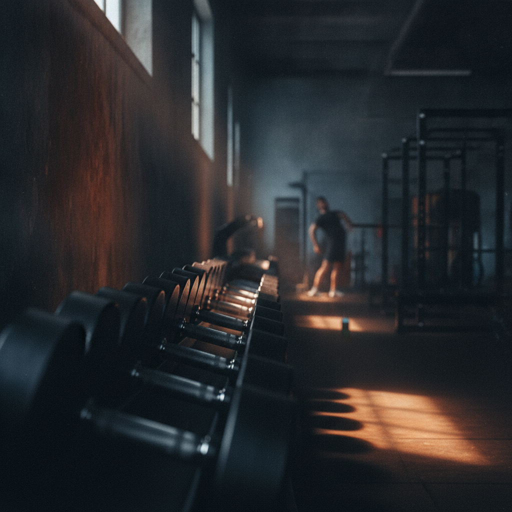 Moody gym with dumbbells in dramatic light