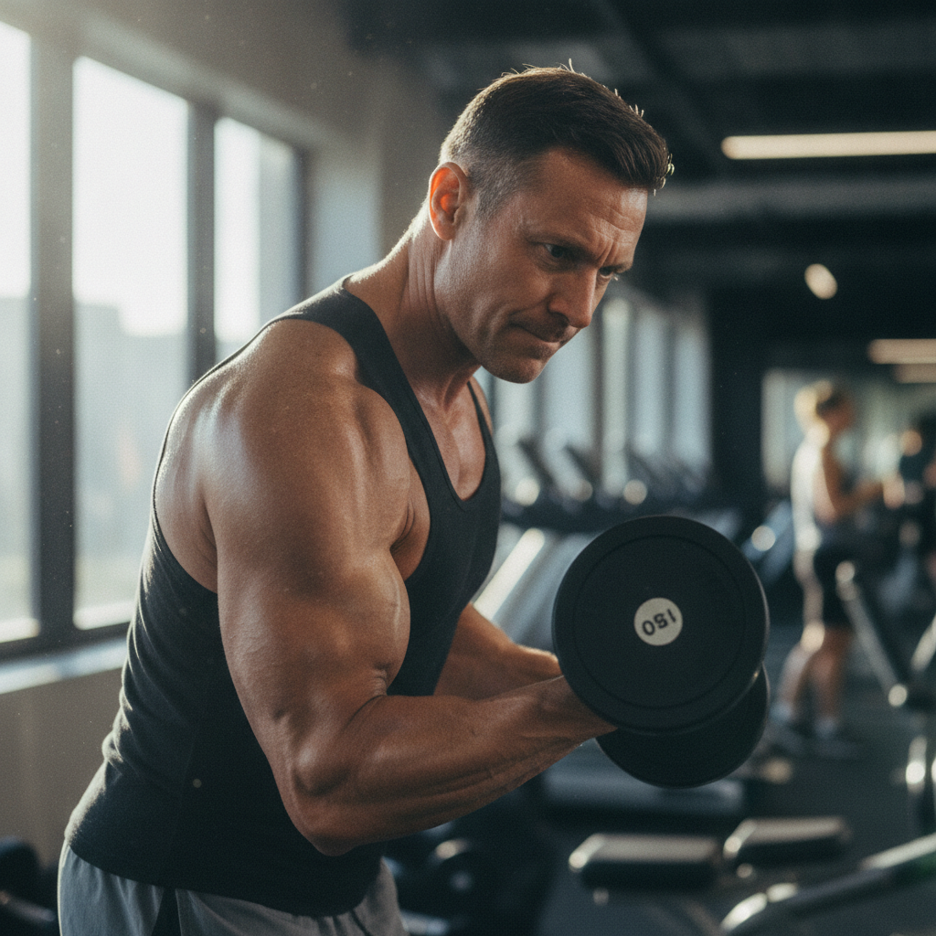 Fit man in his forties lifting a dumbbell in a bright gym
