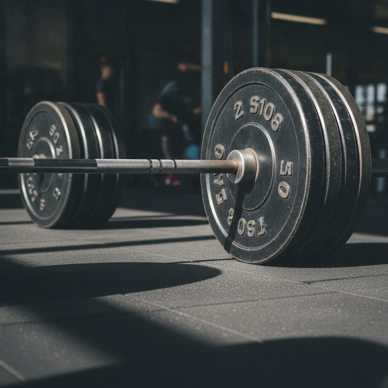 Barbell with weight plates on a gym floor