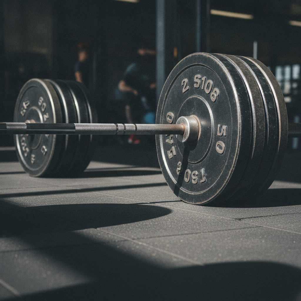 Barbell with weight plates on a gym floor