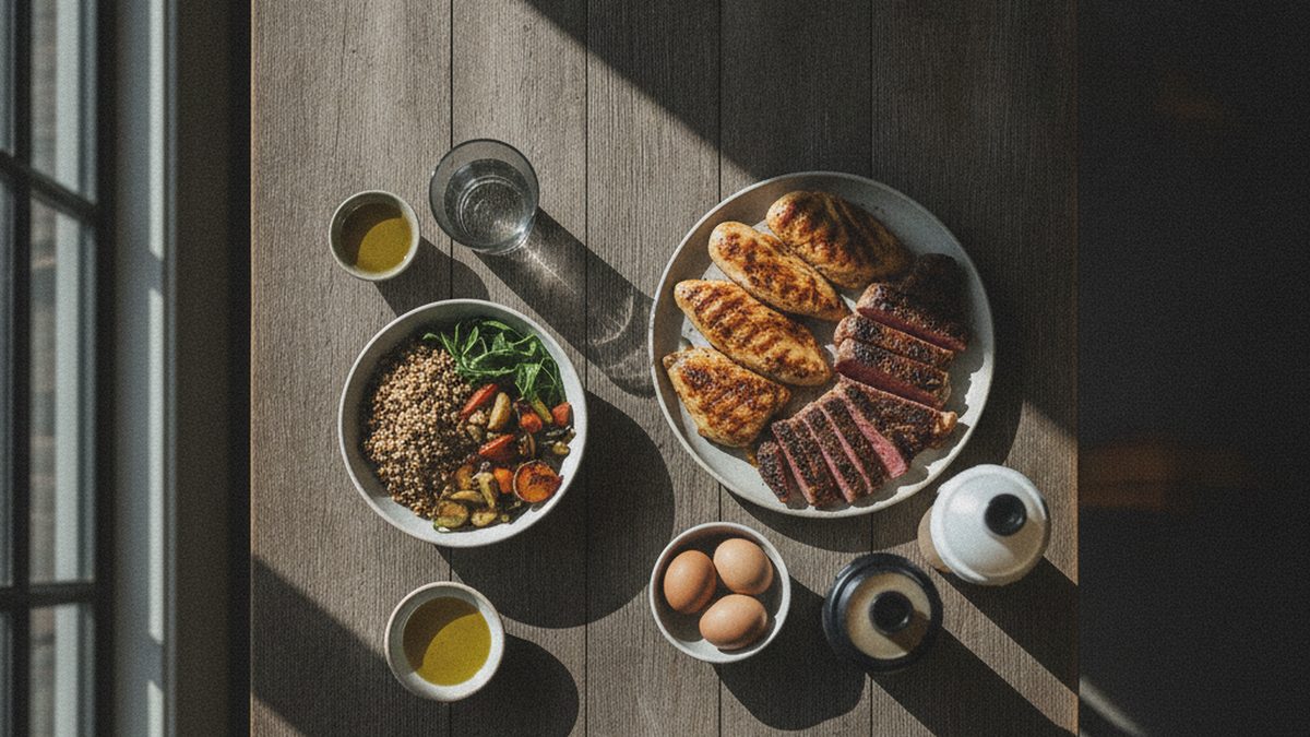 Overhead view of a small plant-based grain bowl beside a large plate of grilled chicken and steak, illustrating the protein restriction and longevity debate
