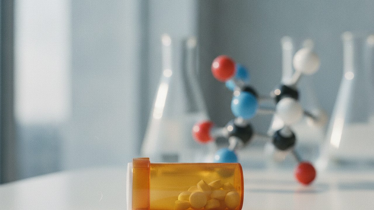 Amber rapamycin pill vial on a laboratory bench, illustrating rapamycin and longevity research