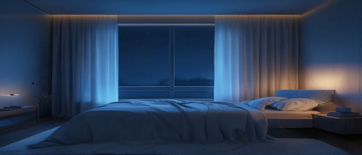 Serene minimalist bedroom in moonlight