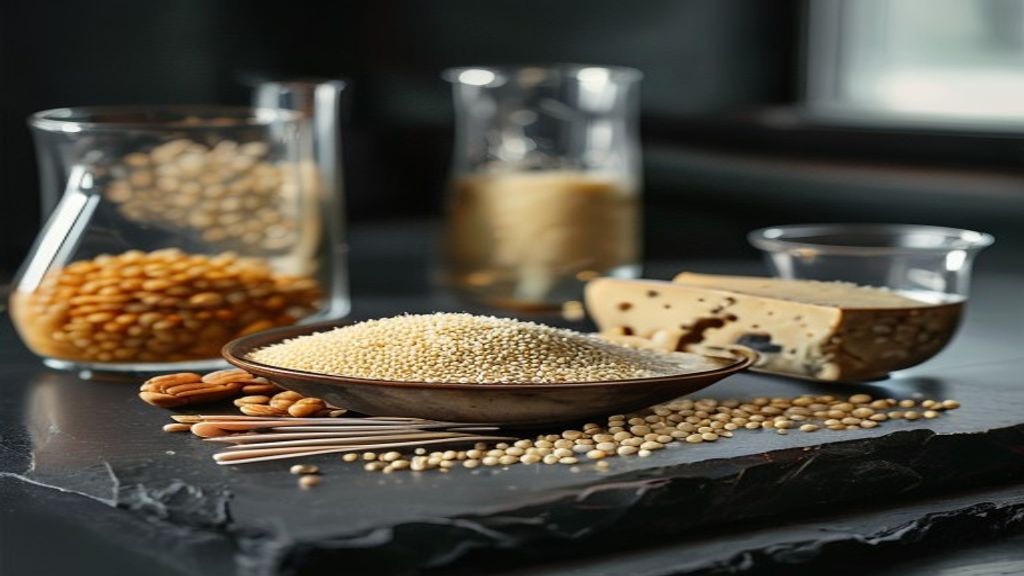 Spermidine-rich foods — wheat germ, aged cheese, soybeans and mushrooms on a slate lab bench illustrating spermidine and longevity research