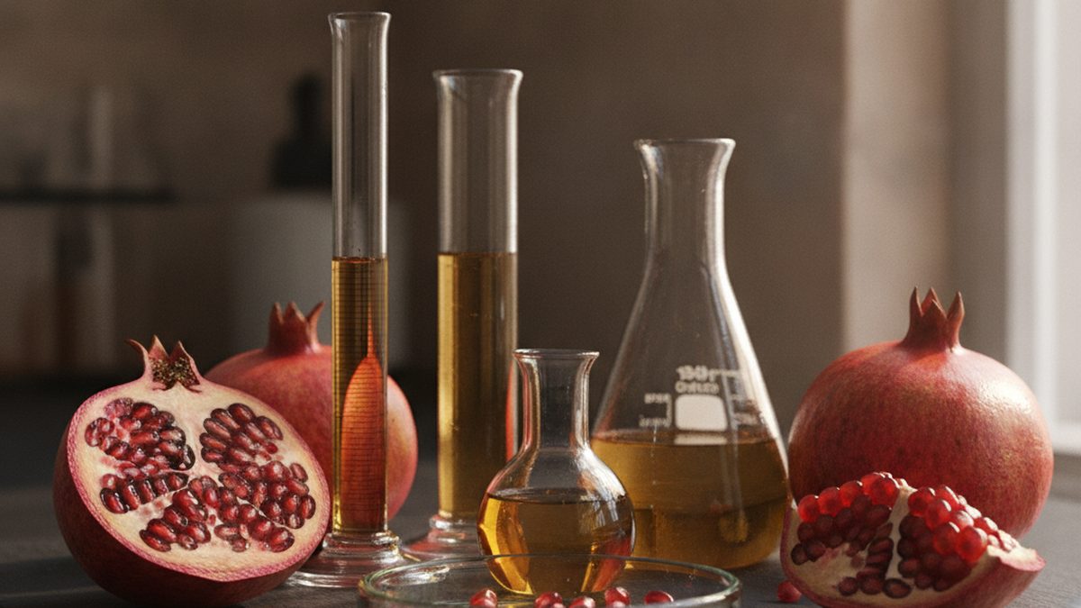 Cut pomegranates and laboratory glassware on a slate bench, illustrating urolithin A research and mitophagy