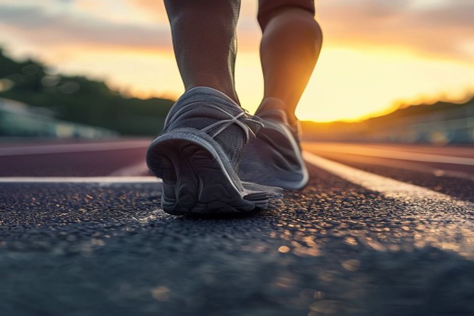 Running shoes on an empty track at sunrise
